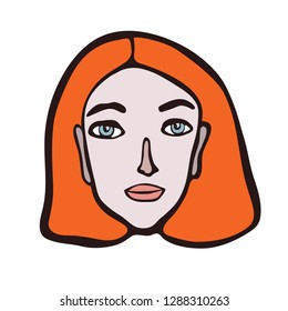 Minimalistic linear female portrait. Red haired girl, pink face with light eyes. Irish or Englishwoman facial features. Scandinavian primitive graphic style. Bright colour combination