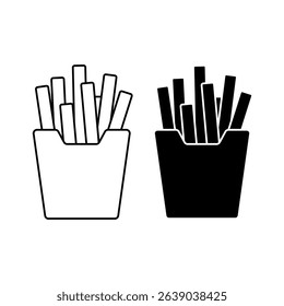 Minimalistic linear and filled icon of french fries in cardboard packaging. Clear outlines without filling. Perfect for food design, mobile apps, menus and interfaces.