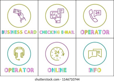 Minimalistic linear icon set in color concerning customer support. Bank transaction and checking e-mail, online operator service and info symbols.