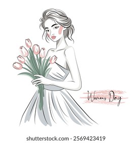 Minimalistic linear illustration of a beautiful young woman with a bouquet of pink tulips. Greeting card for International Women's Day. No artificial intelligence was used to create the illustration.
