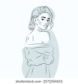 Minimalistic linear illustration of a beautiful young woman in a backless dress. Vector. No artificial intelligence was used to create the illustration.
