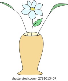 Minimalistic linear illustration of a blue flower in a vase with a textured white background. Hand drawn without artificial intelligence.