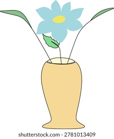 Minimalistic linear illustration of a blue flower in a vase with a textured white background. Hand drawn without artificial intelligence.