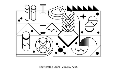 Minimalistic linear illustration featuring elements of biotechnology and scientific research. Includes components such as plants, molecules, test tubes, syringes, charts, and abstract forms.