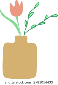 Minimalistic linear illustration of red tulips in a vase with a textured white background. Hand drawn without artificial intelligence.