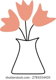 Minimalistic linear illustration of red tulips in a vase with a textured white background. Hand drawn without artificial intelligence.