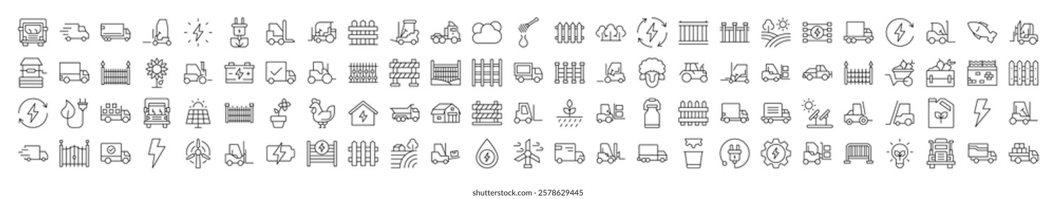 Minimalistic Linear Illustrations of Agriculture. Contains Icons of Tractor, Fence, Farm, Energy that Can Be Used for Design of Cards, Posts, Apps, Web Sites