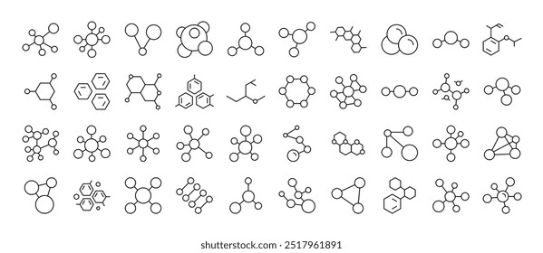 Ilustrações Lineares Minimalistas da Química. Contém ícones de átomos e compostos químicos que podem ser usados para o design de cartões, posts, aplicativos, sites