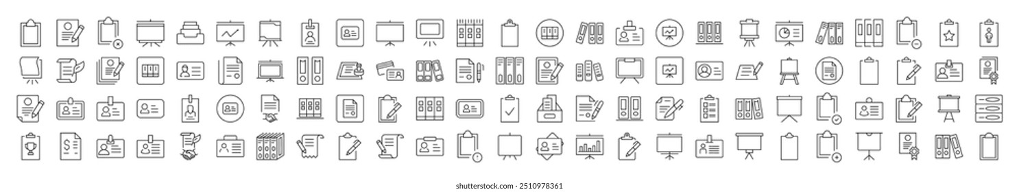 Ilustrações lineares minimalistas de documentos. Contém Ícones de Quadro de Apresentação, Área de Transferência, Contrato que Pode Ser Usado para Design de Cartões, Postagens, Aplicativos, Sites