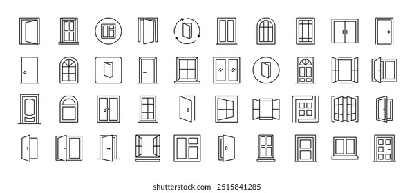 Ilustrações lineares minimalistas do exterior. Contém ícones de portas e janelas que podem ser usadas para o design de cartões, posts, aplicativos, sites