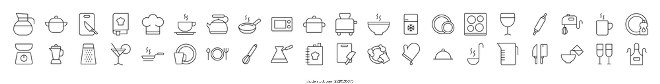 Ilustrações lineares minimalistas de cozinha e culinária. Contém ícones de placa de corte, frigideira, talheres, livro de receitas que podem ser usados para o design de cartões, posts, aplicativos, sites