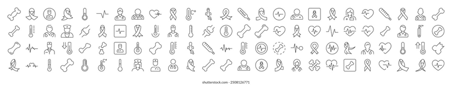 Minimalistic Linear Illustrations of Medicine. Contains Icons of Pink Ribbon, Thermometer, Bone, Doctor, Ill, Cardiogram that Can Be Used for Design of Cards, Posts, Apps, Web Sites