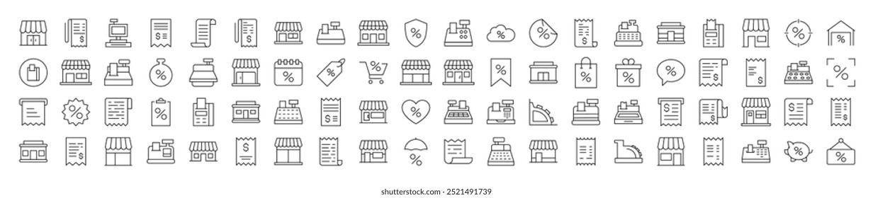 Ilustrações lineares minimalistas de compras. Contém ícones de loja, recibo, caixa registradora que podem ser usados para design de cartões, posts, aplicativos, sites