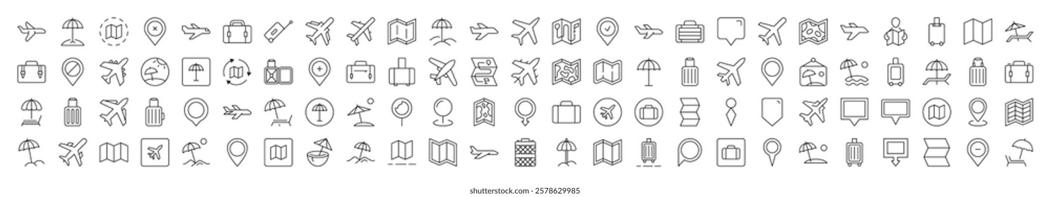 Minimalistic Linear Illustrations of Vacation. Contains Icons of Plane, Map, Location, Beach Umbrella that Can Be Used for Design of Cards, Posts, Apps, Web Sites 