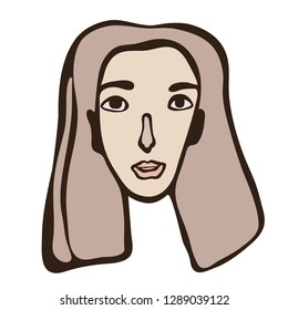 Minimalistic linear isolated school girl portrait. White face with dark eyes. Simple facial features. Scandinavian primitive graphic style. Calm colour combination. Blog, social media, tattoo idea