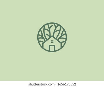 Casa de iconos de logotipo lineal minimalista en el diseño forestal de su empresa