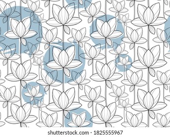 Minimalistic linear pattern of lotus flower with blue paint spots vector graphics