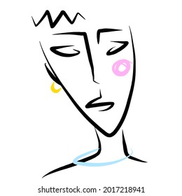 Minimalistic linear portrait of androgynous guy with a pale pink blush on his cheek with a yellow earring in his ear and a pale blue checker.