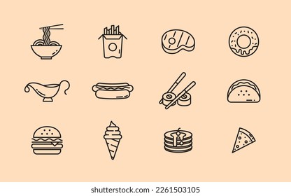 Minimalistic linear set of 12 fast food and traditional meals vector icons. Tasty food icons for restaurant menu concept icon design.