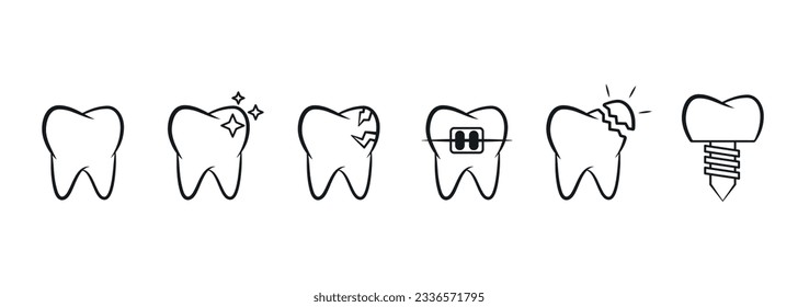 Minimalistic linear teeth actions icon set flat style design. Tooth, shining tooth, toothache, fallen tooth and dental implant vector icons.
