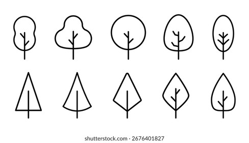 Minimalistic linear tree icons set for nature and design projects