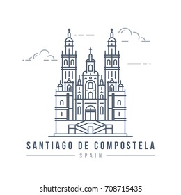 Minimalistic Line-art Landmark Icon Of The Cathedral Of Santiago De Compostela In Spain.