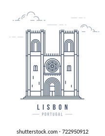 Minimalistic line-art landmark icon of the Cathedral Sé in Lisbon, Portugal. Beautiful vector illustration.