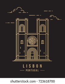 Minimalistic line-art landmark icon of the Cathedral Sé in Lisbon, Portugal. Beautiful golden vector illustration.