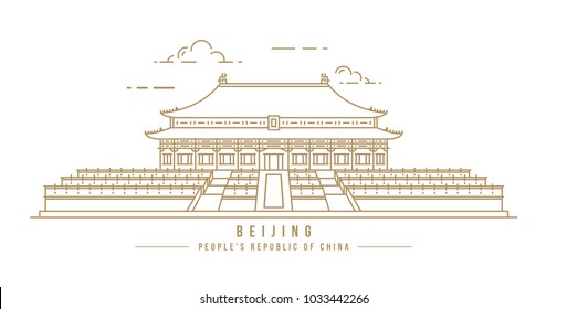 Minimalistic line-art landmark icon of the Hall of Supreme Harmony in the Forbidden City in Beijing, China. Beautiful vector illustration.