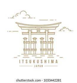 Minimalistic line-art landmark icon of the Itsukushima Shrine in Japan. Beautiful vector illustration.