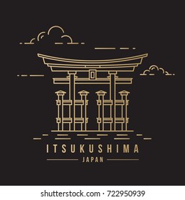 Minimalistic line-art landmark icon of the Itsukushima shrine in Japan. Beautiful golden vector illustration.