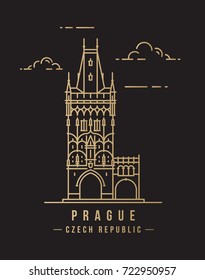 Minimalistic line-art landmark icon of the Powder Tower in Prague, Czech Republic. Beautiful golden vector illustration.