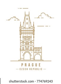 Minimalistic line-art landmark icon of the Powder Tower in Prague, Czech Republic. Beautiful vector illustration.