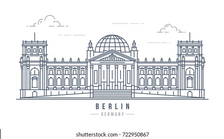 Minimalistic line-art landmark icon of the Reichstag in Berlin, Germany. Beautiful vector illustration.