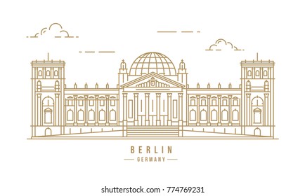 Minimalistic line-art landmark icon of the Reichstag in Berlin, Germany. Beautiful vector illustration.