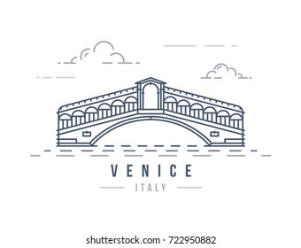 Minimalistic line-art landmark icon of the Rialto Bridge in Venice, Italy. Beautiful vector illustration.