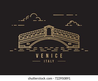 Minimalistic line-art landmark icon of the Rialto Bridge in Venice, Italy. Beautiful golden vector illustration.