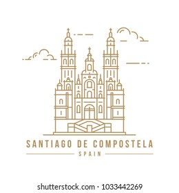 Minimalistic line-art landmark icon of the Santiago de Compostela cathedral in Spain. Beautiful vector illustration.