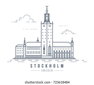 Minimalistic line-art landmark icon of the Stockholm City Hall in Stockholm, Sweden. Beautiful vector illustration.
