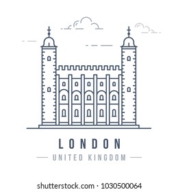 Minimalistic line-art landmark icon of the Tower of London in the United Kingdom. Beautiful vector illustration