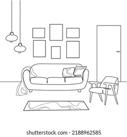Minimalistic Living Room Interior Line Art Sketch Drawing With A Sofa, Armchair, Empty Frames On The Wall And Chandeliers.Modern Furniture.Modern Interior Design,black White Sketch.Vector Illustration
