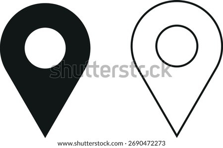 Minimalistic location point icon set featuring 2 styles a solid filled version and an outlined version. This GPS pin or map marker symbol represents navigation, positioning, direction, and geolocation