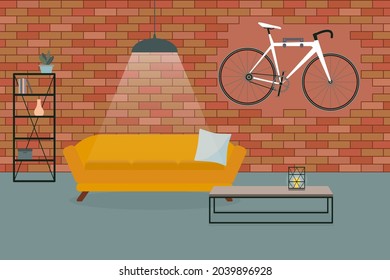 Minimalistic loft style living room interior with brick wall, sofa, bike on the wall.