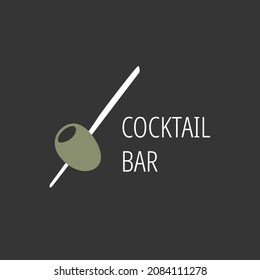 Logo minimalista para bar, tienda, restaurante. Aceite verde sobre una brocheta de fondo negro con la inscripción "bar de cócteles". Símbolo de ilustración.