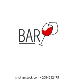 Minimalistic logo for alcoholic bar, shop, restaurant. A glass of red wine on a white background with the inscription "bar". Vector illustration symbol.