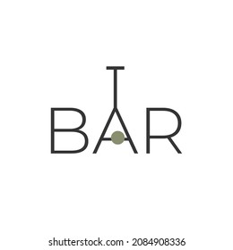 Minimalistic logo for alcoholic bar, shop, restaurant. Martini glass with olive turned upside down in the inscription "bar". Isolated over white background. Vector illustration symbol.