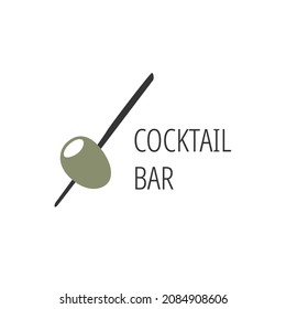 Logo minimalista para bar, tienda, restaurante. Aceite verde sobre una brocheta de fondo blanco con la inscripción "bar de cócteles". Símbolo de ilustración.