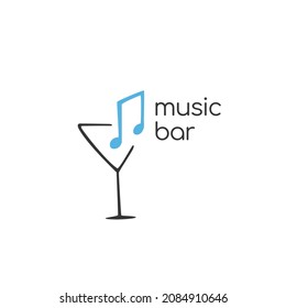 Minimalistic logo of an alcoholic establishment. Logo for a bar, shop, restaurant. Martini glass decorated with sheet music and the words "music bar". Isolated over white background. Vector illustrati