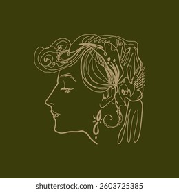 Minimalistic logo Art Nouveau woman ornate line drawing isolated on background. Elegant modern label, linear decorative design elements. Vector vintage invitation template, retro party design. Old