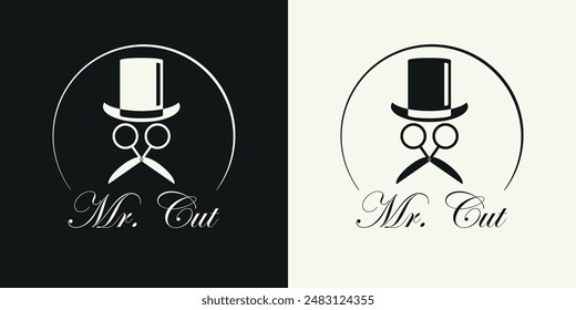 Minimalistic logo for a barbershop in white and black. Gentleman's face with glasses and a scissor-shaped mustache and top hat. Concept for logo, emblem, business card, badge, barbershop stuff